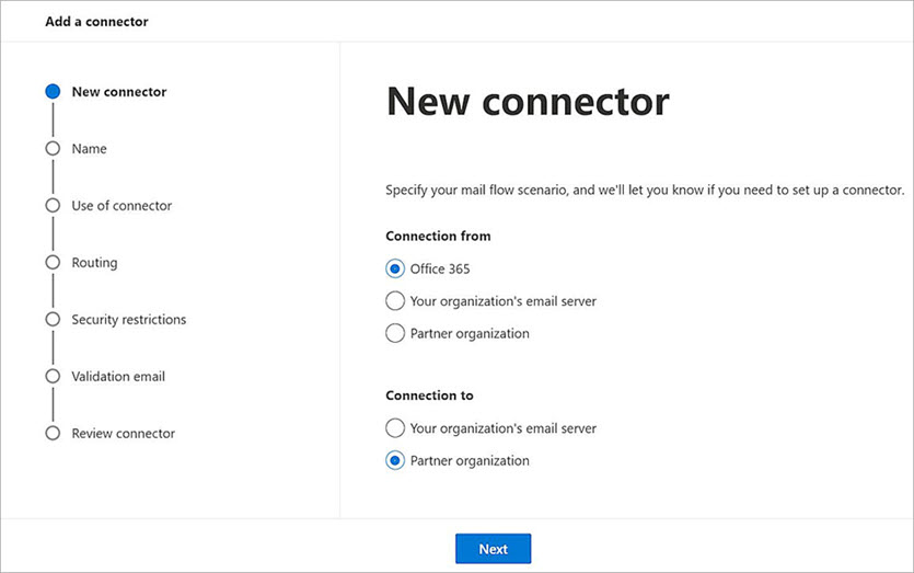 Screenshot of the Microsoft 365 configuration New Connector page